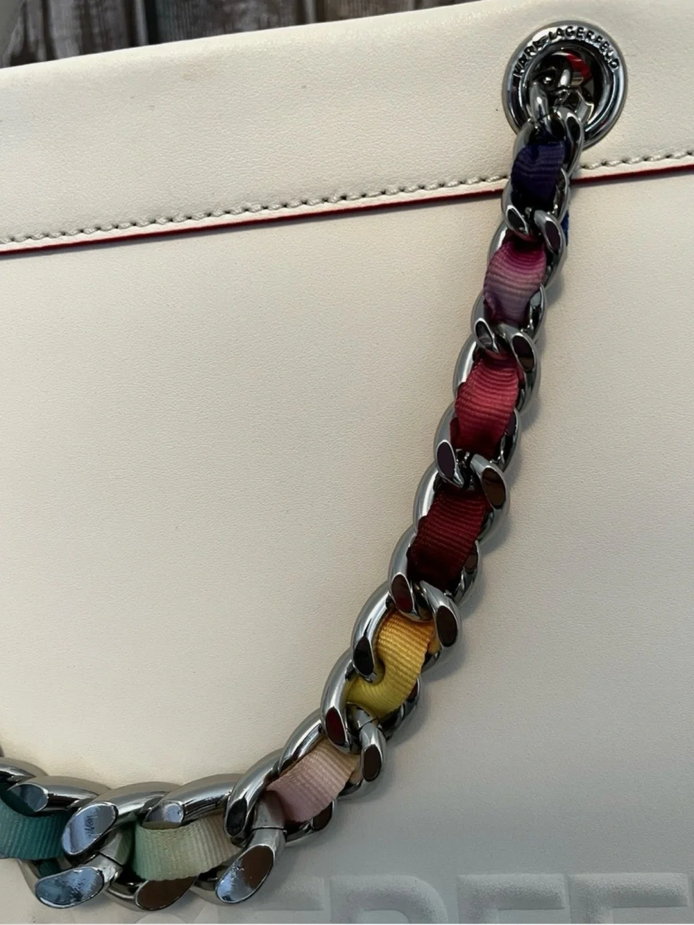 Karl Lagerfeld Large White Leather Carry-All Tote Laptop Purse Bag Rainbow Chain